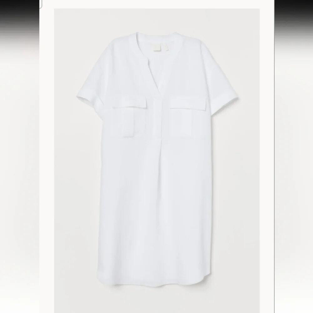 H&M White Linen Blend Short Sleeve Mini Shirt Dress Women's Size 4